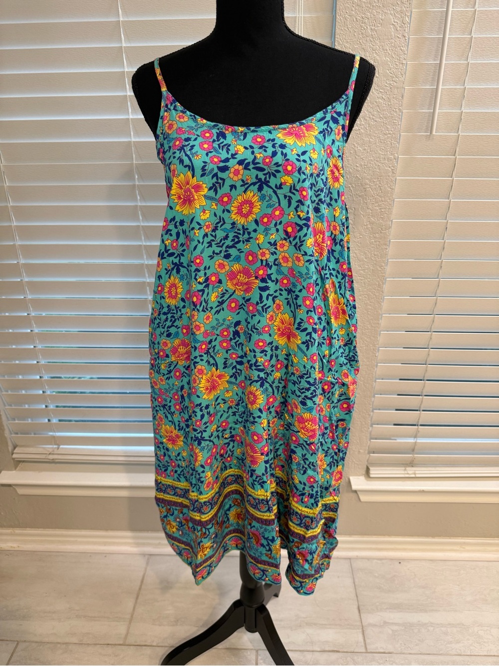 Turquoise Floral Spaghetti-Strap Mini Dress